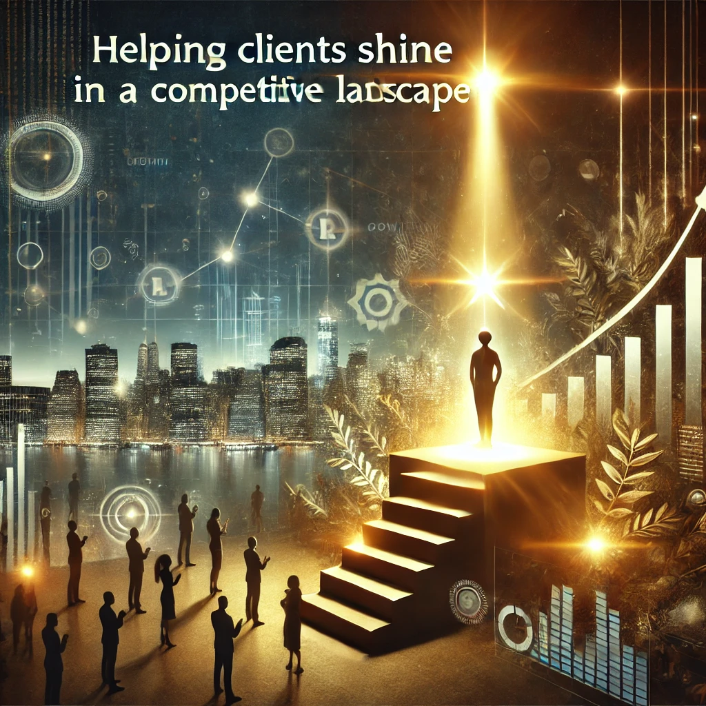 DALL·E 2025-01-22 16.07.26 – An inspiring image symbolizing helping clients shine in a competitive landscape. The scene features a glowing spotlight illuminating a central figure