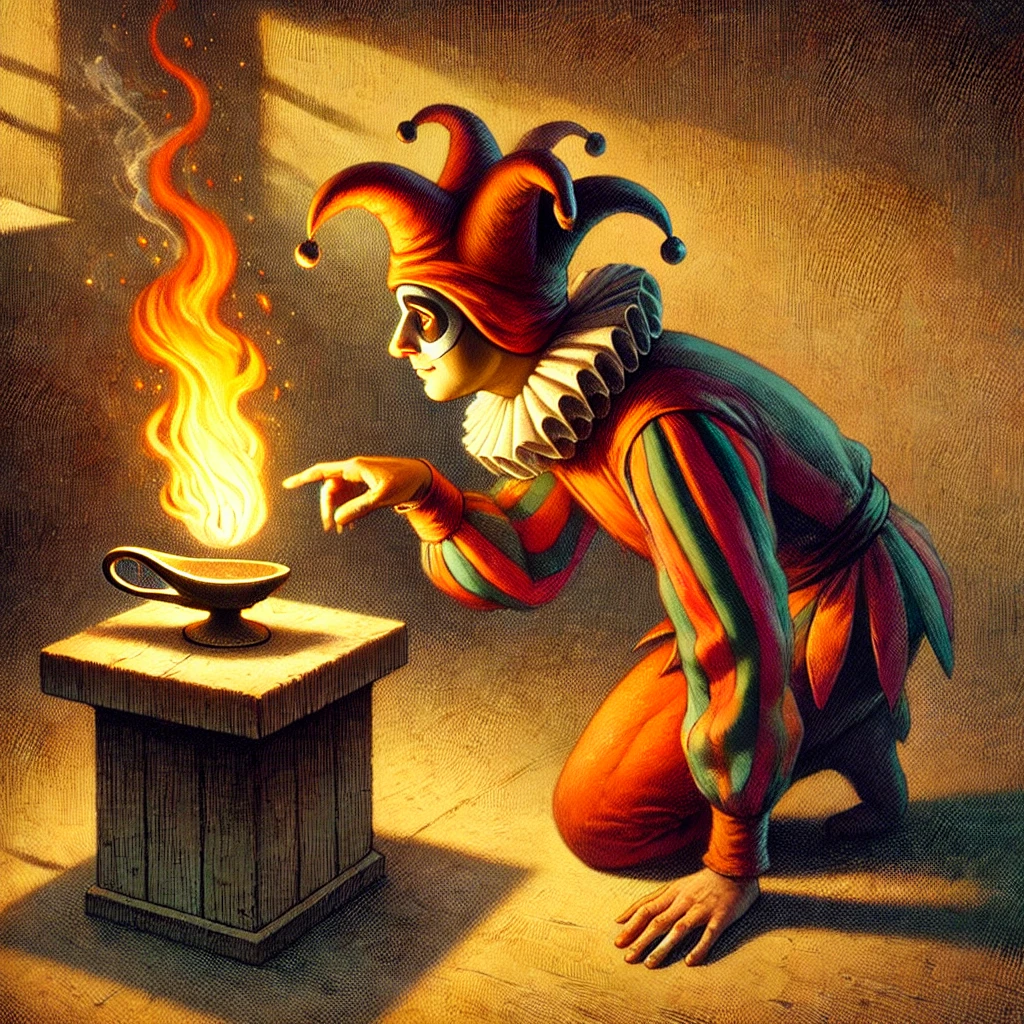 DALL·E 2025-01-22 16.25.35 – A vivid and symbolic illustration of a fool reaching out to touch an open flame. The scene shows a dimly lit environment with the flame glowing bright PR Services
