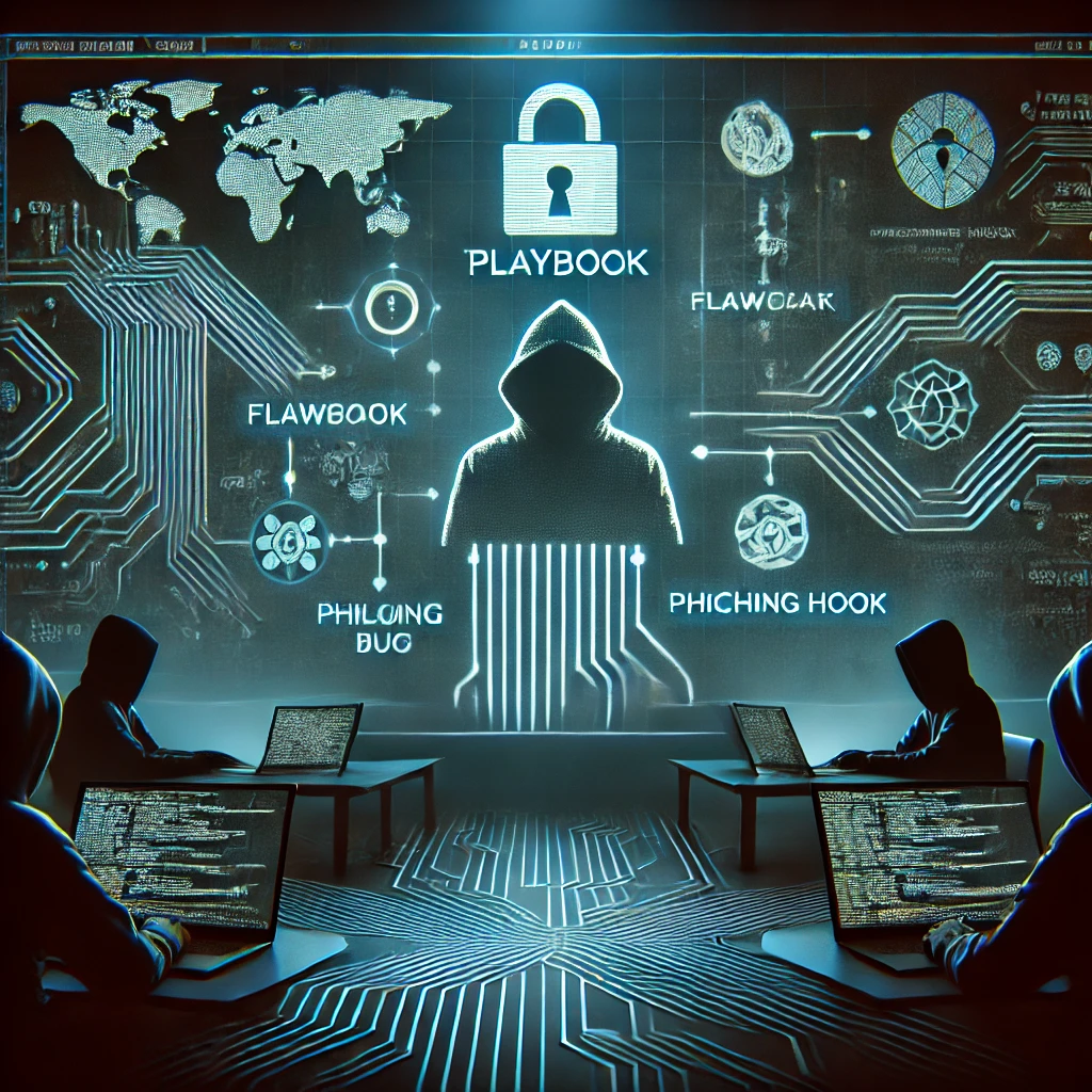 DALL·E 2025-03-21 12.46.52 – A dark, moody cyber-themed illustration showing a digital ‘playbook’ on a glowing screen. The playbook contains abstract flowcharts, lines of code, an Cybersecurity PR