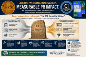 BridgeView Marketing PR Rosetta Stone award graphic highlighting Hermes Gold and Communicator Award wins for AI-driven PR ROI measurement, earned media attribution, GA4 analytics and AI search visibility.
